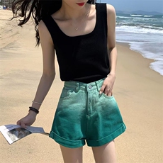 渐变磨白牛仔短裤女夏季宽松休闲百搭高腰a字卷边阔腿热裤，男装牛仔裤，星座1210-1