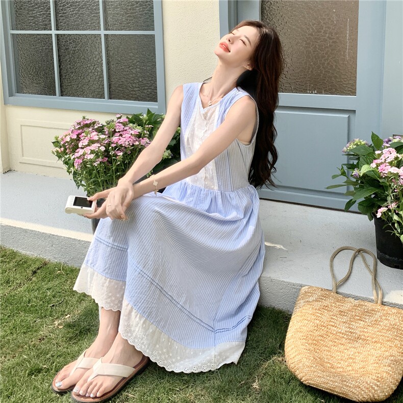 上新韩系蕾丝花边拼背心条纹无袖连衣裙2C050-1272-P135-K188,女装连衣裙,2C050