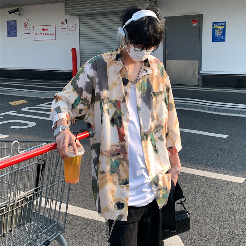 2026夏休闲水墨画冰丝凉感短袖五分袖半袖衬衫CS29/特P30卡其色,男装T恤,电商A094