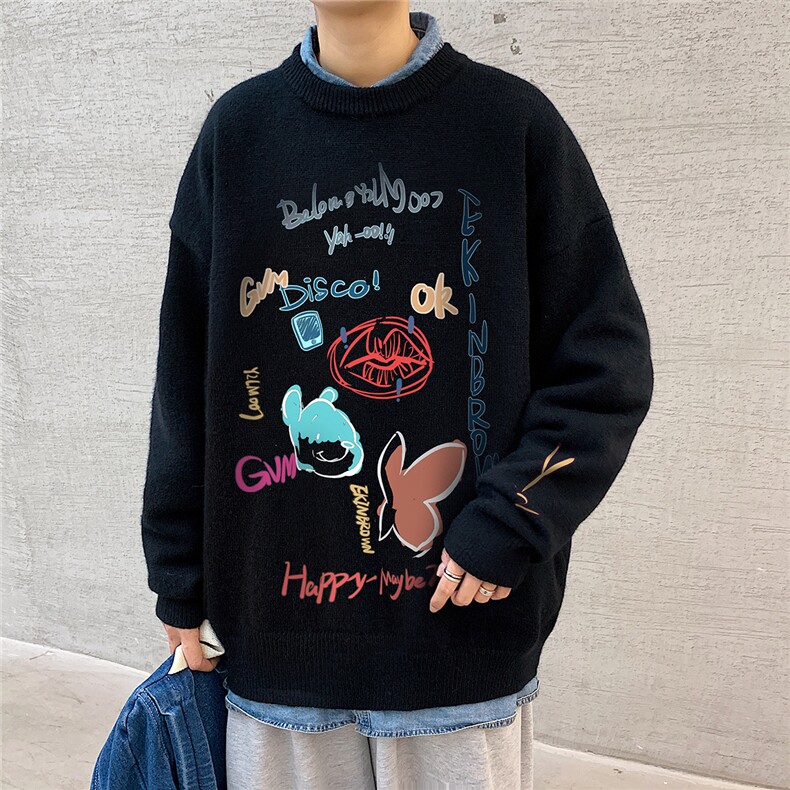 1港风日系宽松休闲情侣套头印花加厚毛衣男外套7696P55加绒P70,男装针织衫/毛衣,星座226-2