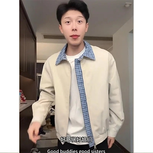 美式假两件格子拼接夹克男款秋季哈灵顿短款外套上衣JK901图片