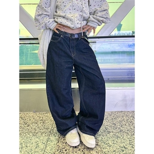 深蓝色阔腿牛仔裤女秋冬2025新款高腰宽松慵懒垂感美式直筒拖地裤