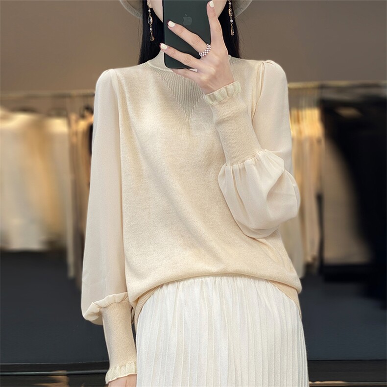 2024秋季新款半高领羊毛衫女士宽松显瘦泡泡袖薄款套头内搭打底衫,女装羊毛衫,总能电商供货
