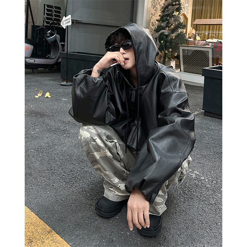 重磅pu皮卫衣男春秋季新款连帽痞帅美式vibe高街宽松外套AK55-P75,女装短外套,星座1008