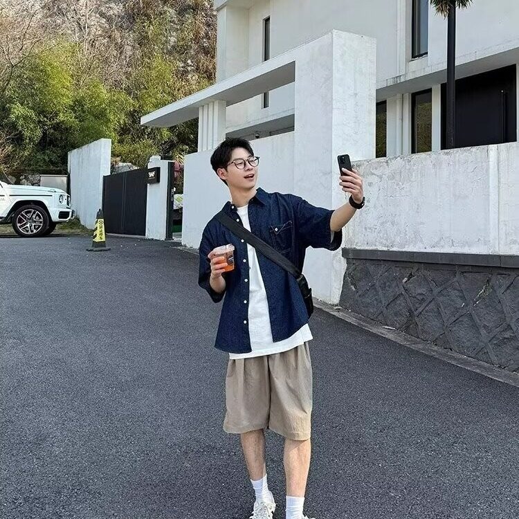 【有货】DJ26-P40蓝色口袋牛仔衬衫短袖男生2025新款夏季百搭衬衣,男装衬衫,星座603-2