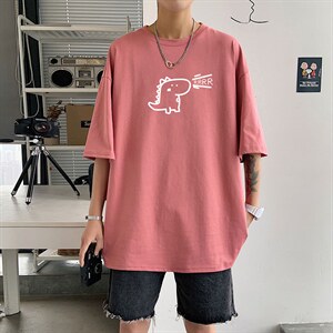 港风宽松大码手绘小恐龙运动潮流短袖纯棉T恤男装打底衫T51-P25图片