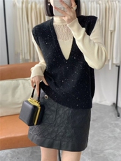 春秋新款V领亮丝针织马甲女背心叠穿套头宽松，女装马甲，晨旭羊绒
