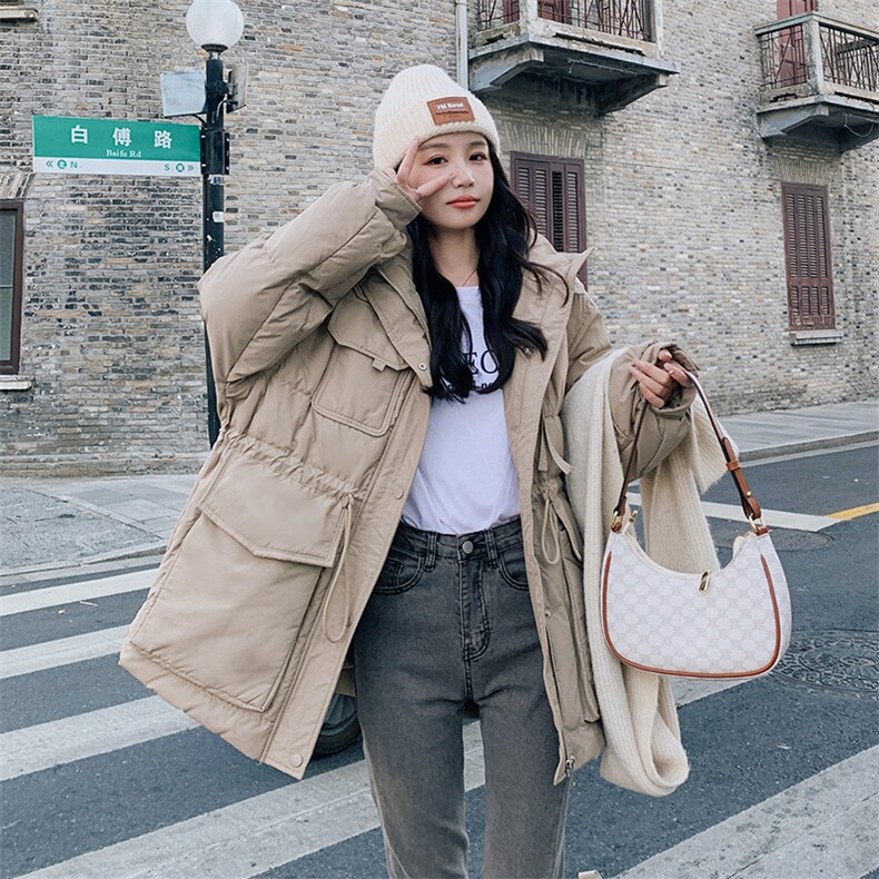现货工装中长款羽绒服50绒,女装羽绒服,菡迪欧娜