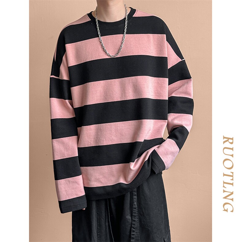 秋季现货高品质潮牌卫衣98.4%棉粉色条纹上衣宽松A351-AW2514-P75,男装卫衣,电商A351