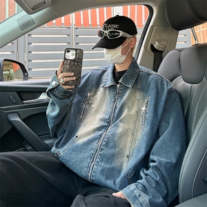 拉链设计感外套男款美式复古vibe牛仔夹克春秋季宽松潮牌工装上衣图片