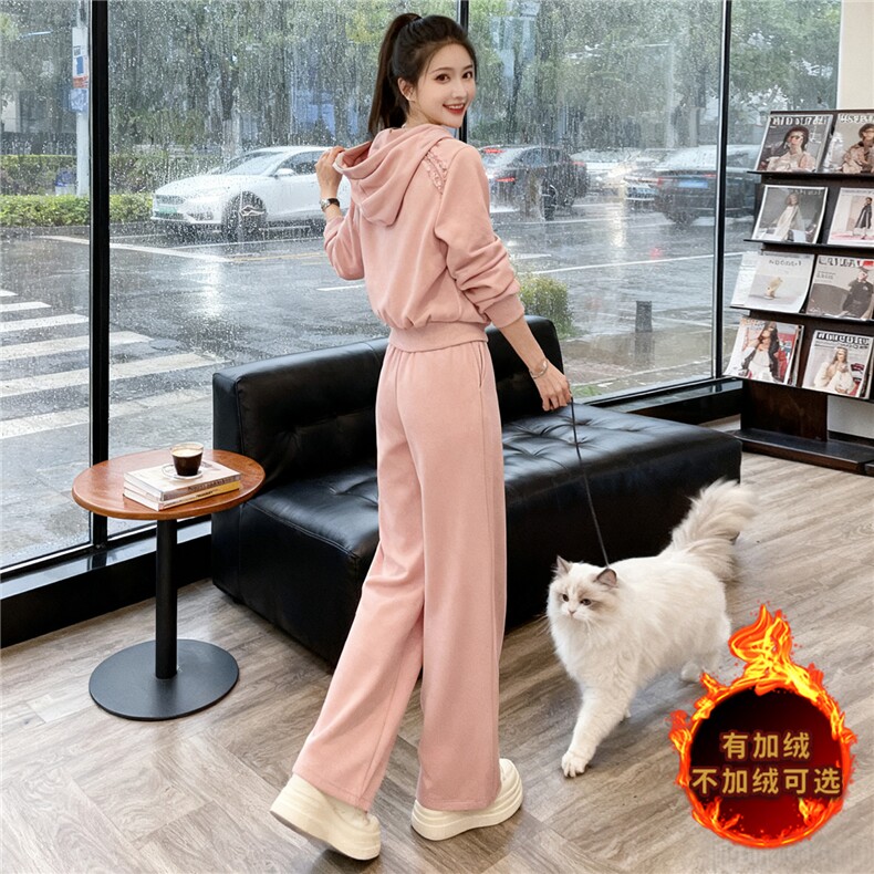时尚休闲运动套装女秋冬新款宽松显瘦连帽开衫卫衣阔腿长裤两件套,女装套装/套裙,江南