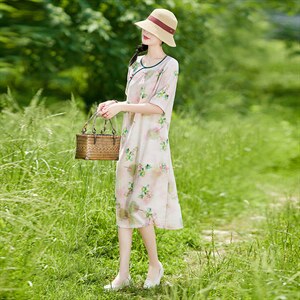 高端苎麻旗袍风文艺复古裙子2022年夏季新款棉麻印花圆领连衣裙女，女装连衣裙，辉之琳