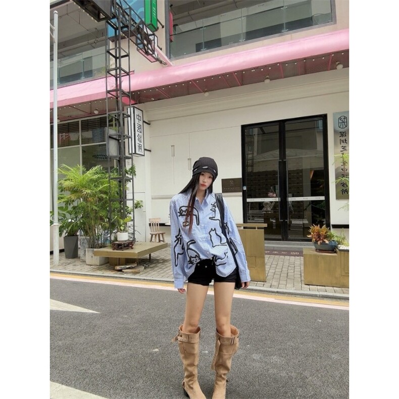 2025美式高街复古薄荷绿格子设计长袖衬衫男女宽松休闲百搭衬衣潮,男装衬衫,星座506A