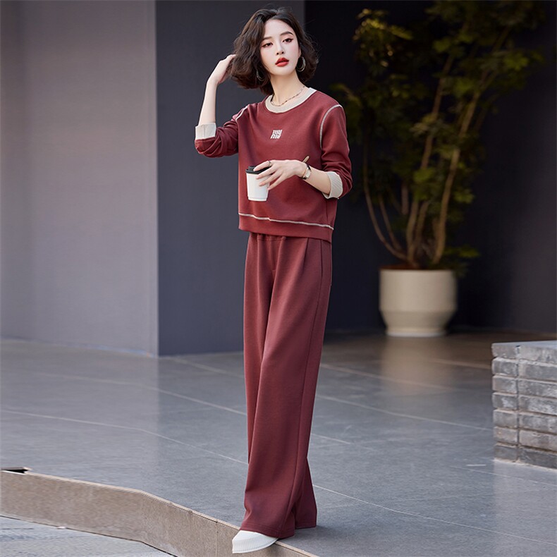 黑色卫衣套装女2024春秋新款百搭撞色刺绣上衣宽松阔腿拖地卫裤,女装卫衣/绒衫,梦懿尔