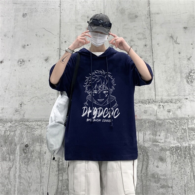 电商DSA028-MQV208P30夏季新款港风印花华夫格连帽短袖卫衣男,男装T恤,电商A028