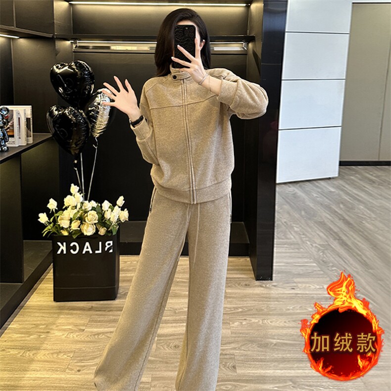 时尚减龄小个子立领卫衣阔腿裤两件套加绒款,女装套装/套裙,江南