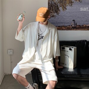 TZ65759/P75高品质冰丝短袖衬衫短裤套装男潮宽松大码两件套控108,男装休闲套装,电商A141