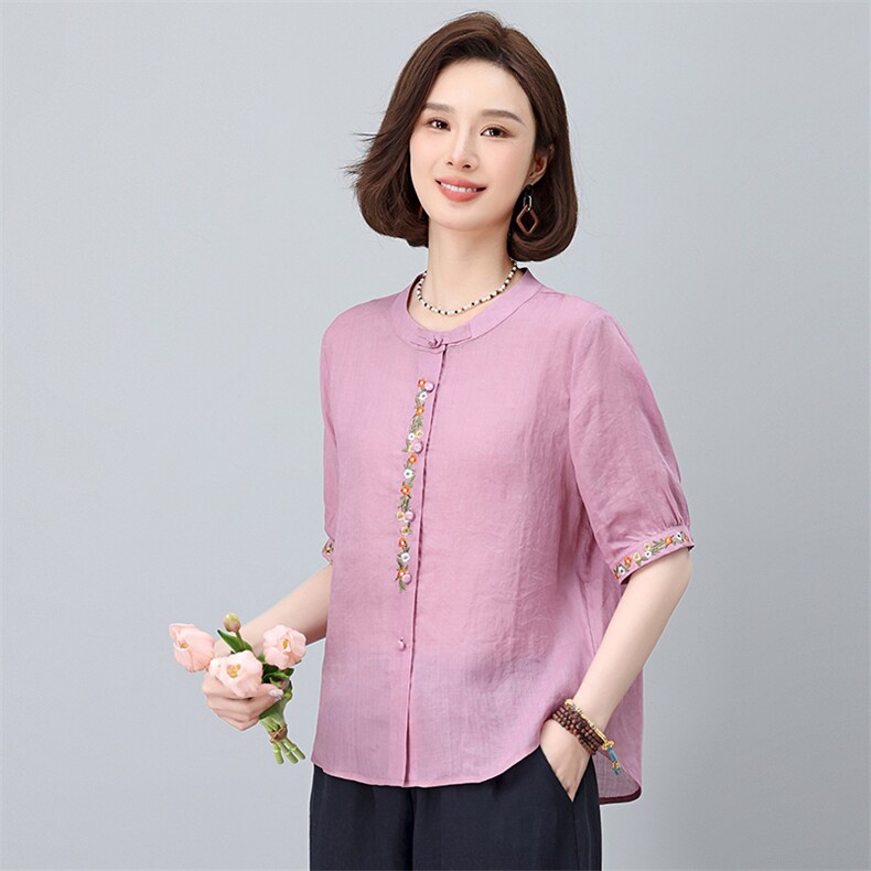 棉麻休闲女夏装2025夏季新款妈妈洋气时尚宽松衬衫苎麻,女装衬衫,涵誉