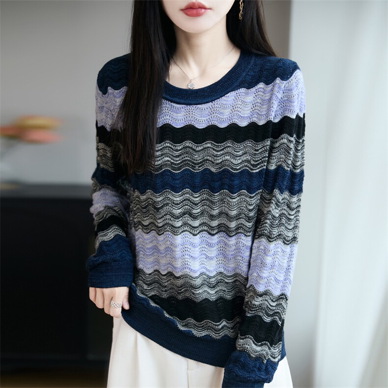 多色波浪纹针织衫女2025早秋精纺薄款休闲减龄长袖打底上衣毛衫潮,针织衫/毛衣,唐诺