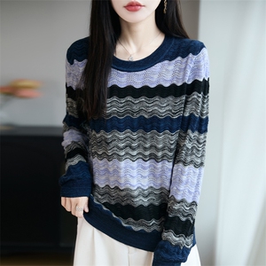 多色波浪纹针织衫女2025早秋精纺薄款休闲减龄长袖打底上衣毛衫潮图片