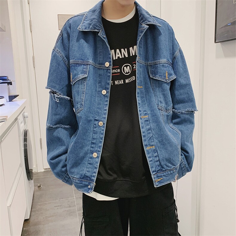 早春破洞外套in港风牛仔夹克宽松韩版百搭上衣D309-2Y,男装夹克,电商D321A