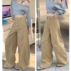 卡其色工装牛仔裤女2025秋季新款复古美式高腰宽松阔腿拖地长裤，男装牛仔裤，星座813-2