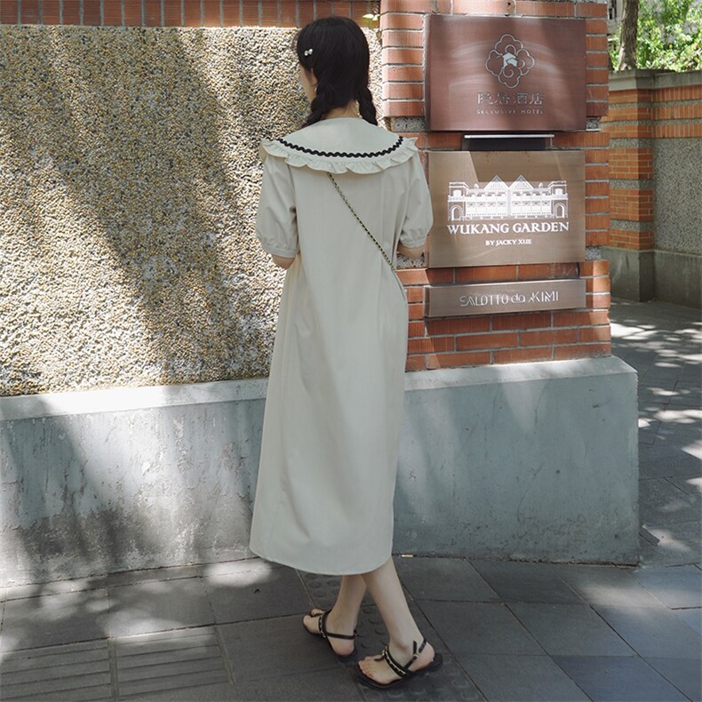 减龄开衫海军娃娃领杏色连衣裙女夏季2025新款初恋清纯奶甜长裙子,女装连衣裙,浙宝276（原081）