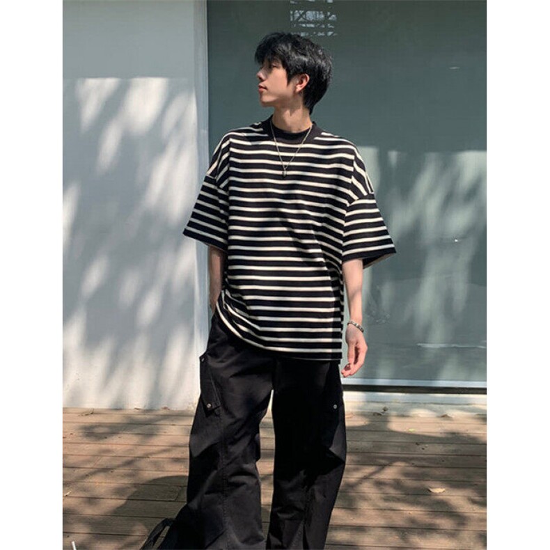 横条纹t恤男重磅青少年短袖高级感夏季日系半袖圆领T2802,男装T恤,星座1116A（原606A-3）
