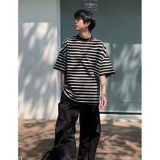横条纹t恤男重磅青少年短袖高级感夏季日系半袖圆领T2802，男装T恤，星座1116A（原606A-3）