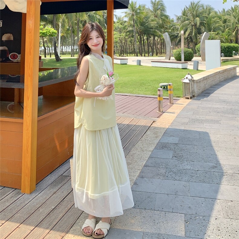 韩系氛围感无袖背心网纱半身裙套装女2025夏新款ins风甜美两件套,女装套装/套裙,2C159