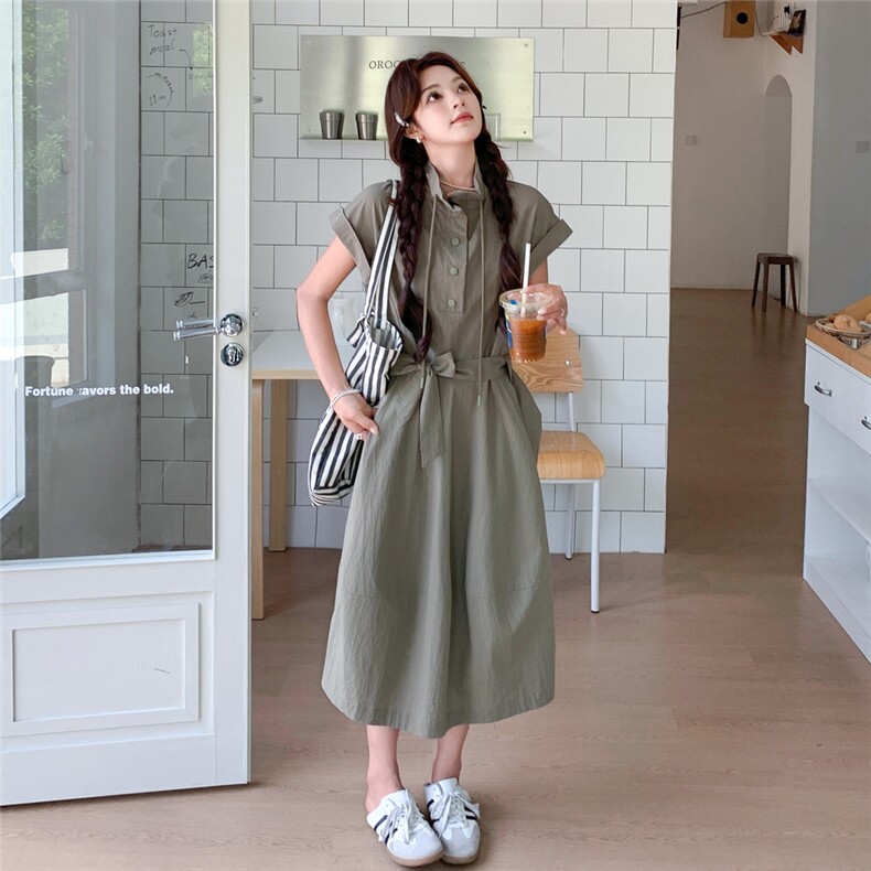 可盐可甜工装风绿色连衣裙女2025年夏季新款设计感收腰显瘦A字裙,女装连衣裙,2D014
