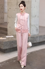 新中式国风马甲套装女2024春秋新款高端提花盘扣唐装阔腿裤三件套，女装套装/套裙，韩美纤衣
