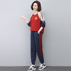 春秋新款韩版宽松大码显瘦两件套复古拼色休闲运动套装女，女装套装/套裙，忆绮罗
