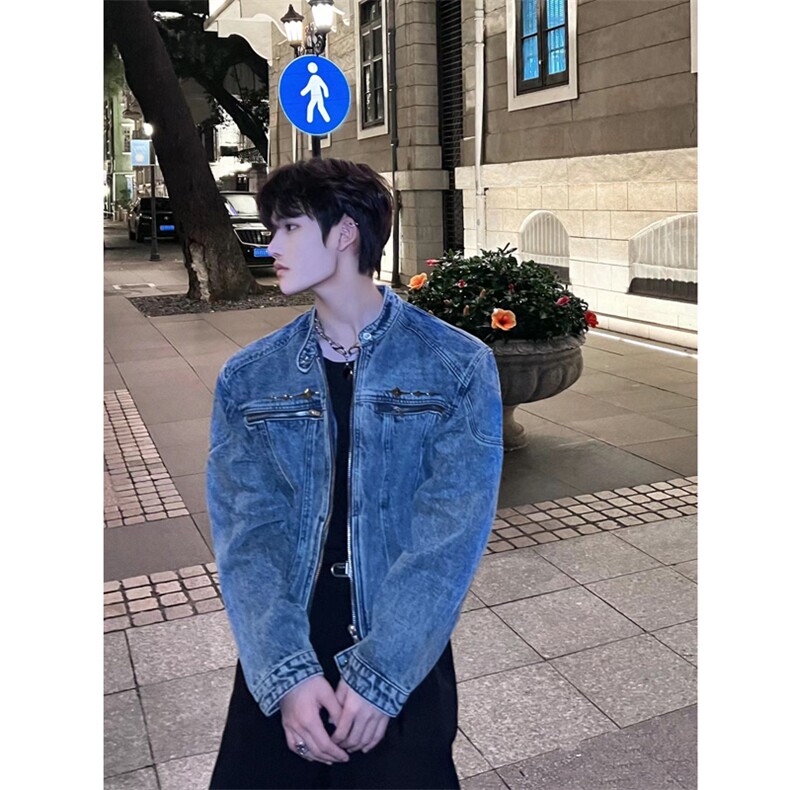 小众美式复古水洗短款牛仔外套男秋设计感垫肩夹克JK112-P90,男装工装外套,星座1109-4