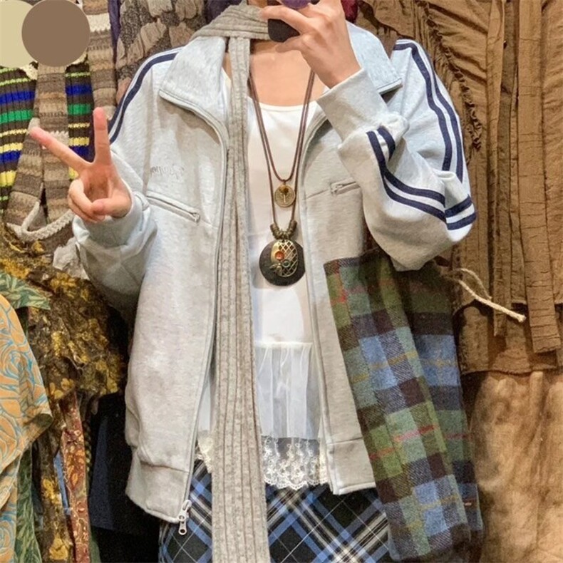 立领春秋宽松灰色夹克卫衣男女潮2025新品百搭潮流网红上衣三条杠,男装夹克,星座506A
