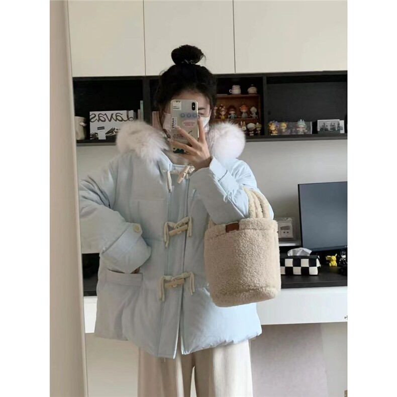 8809#光版手塞棉紫色牛角扣棉服女冬季宽松大毛领加厚面包服外套,女装棉衣/棉服,星座1210-1