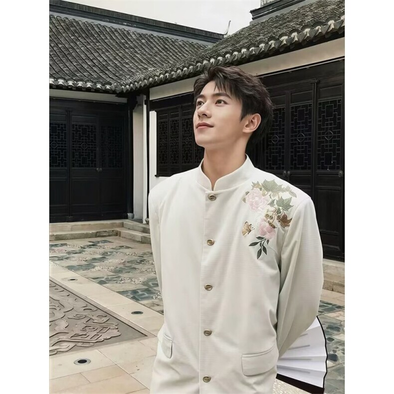 春秋新中式重工刺绣玉兰花中山装西服外套男复古痞帅高级感西服潮，男装西服，星座601-1