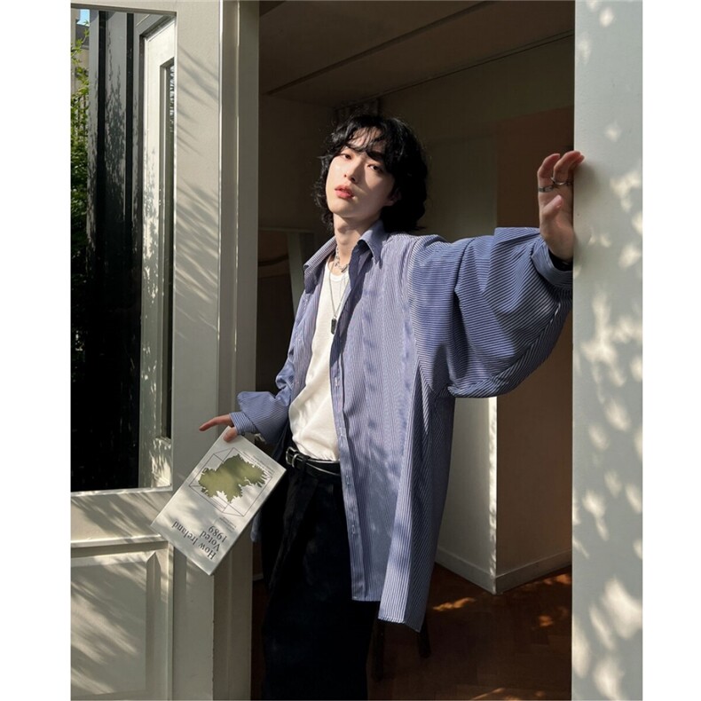 条纹休闲衬衫男春季宽松长袖衬衣韩版潮流翻领上衣710-808,男装衬衫,星座710
