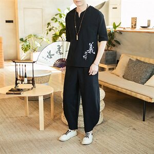 2021春夏季男棉麻短袖T恤九分裤套装大码两件套QT6005-TZ05图片