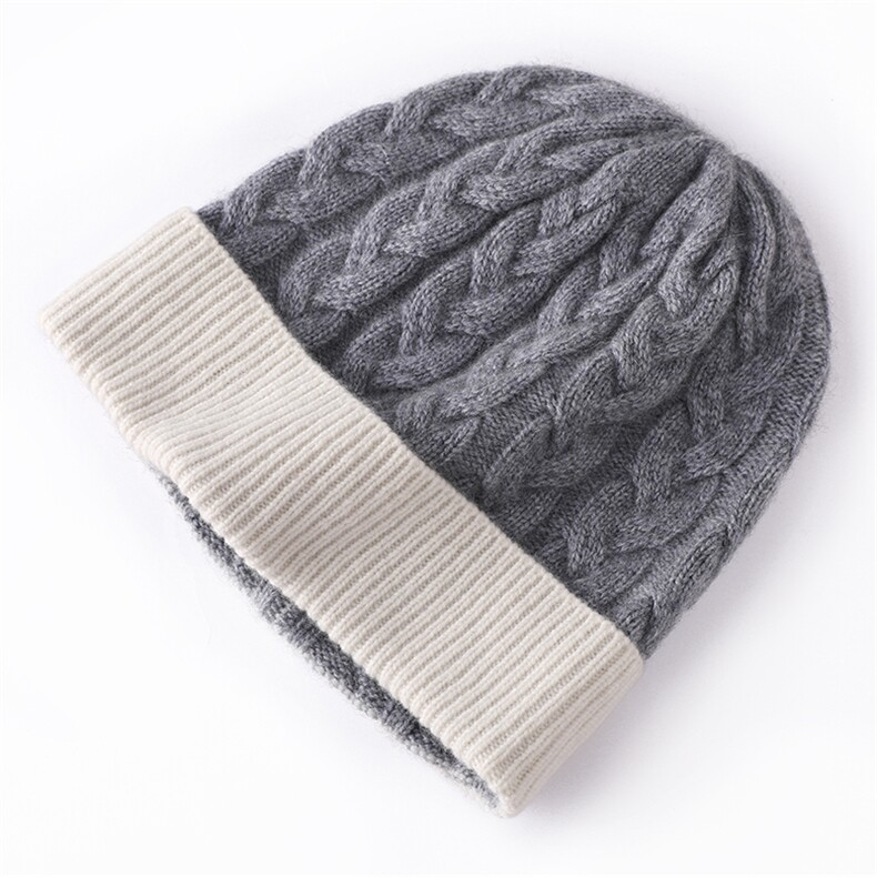 秋冬新款百搭保暖舒适气质D9-1撞色白翻边大麻花帽子35%帽，帽子，大洋妞羊绒二店