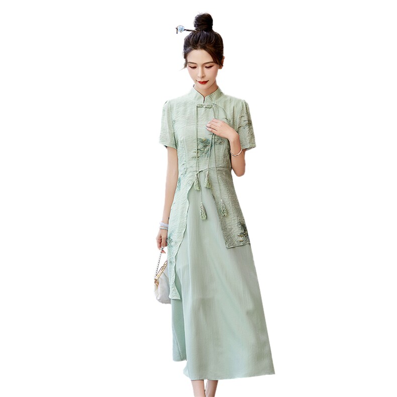 新中式国风假两件拼接旗袍女2024夏季新款日常可穿气质碎花连衣裙,女装连衣裙,吾爱衣