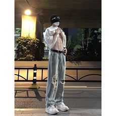 B221美式ins高街暗黑系小众拉链直筒牛仔裤LK23073-P65控88，男装牛仔裤，电商B221