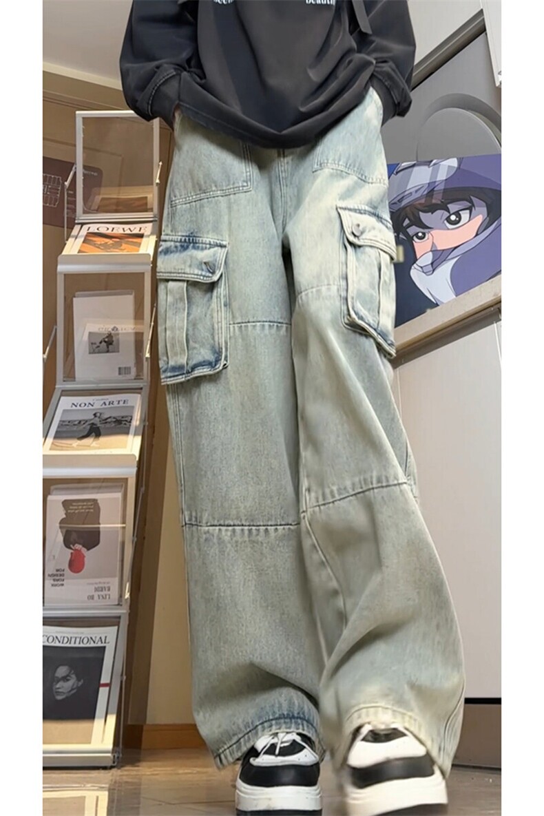 港风文艺工装牛仔长裤情侣款宽松直筒大码休闲裤K590TP60控89,男装休闲裤,电商A102B