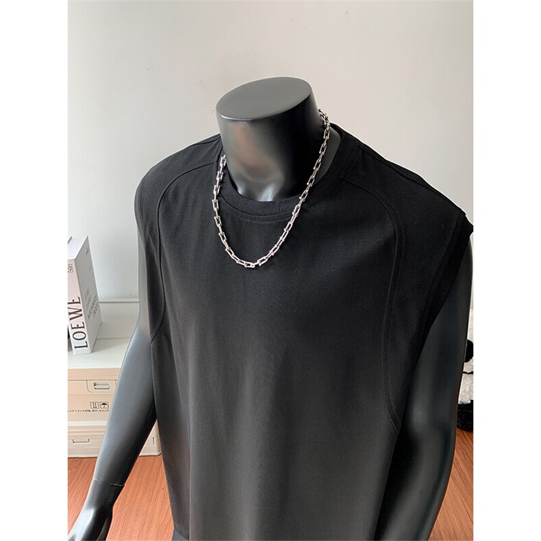 特批P22无差价2025夏季港风时尚纯色拼接无袖宽松背心T恤男T5372，男装背心/马甲，电商A001-1