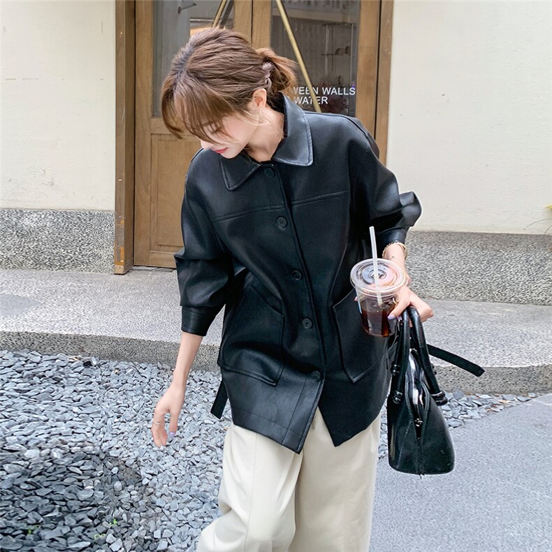 2025春季新款时尚法式复古翻领单排扣皮衣外套女休闲百搭简约上衣,女装皮衣,2C258