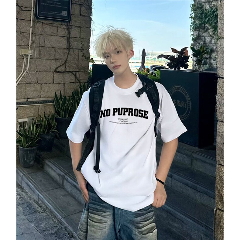 抖音得物供货210克现货宽松纯棉美式潮牌印花落肩袖纯棉T恤AT2113,男装T恤,电商A443