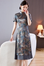 中老年真丝桑蚕丝旗袍新中式显瘦大码奥黛连衣裙国风妈妈装长裙子，女装连衣裙，小荷流