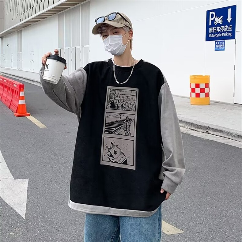 圆领oversize百搭外套秋季港风潮牌拼接麂皮绒卫衣男 W5918-P35图片