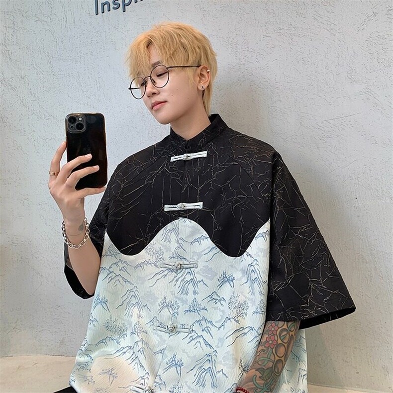 新中式风短袖衬衫男女同款2025夏季提花小众宽松中山装衬衣,男装T恤,星座218-1（原230）