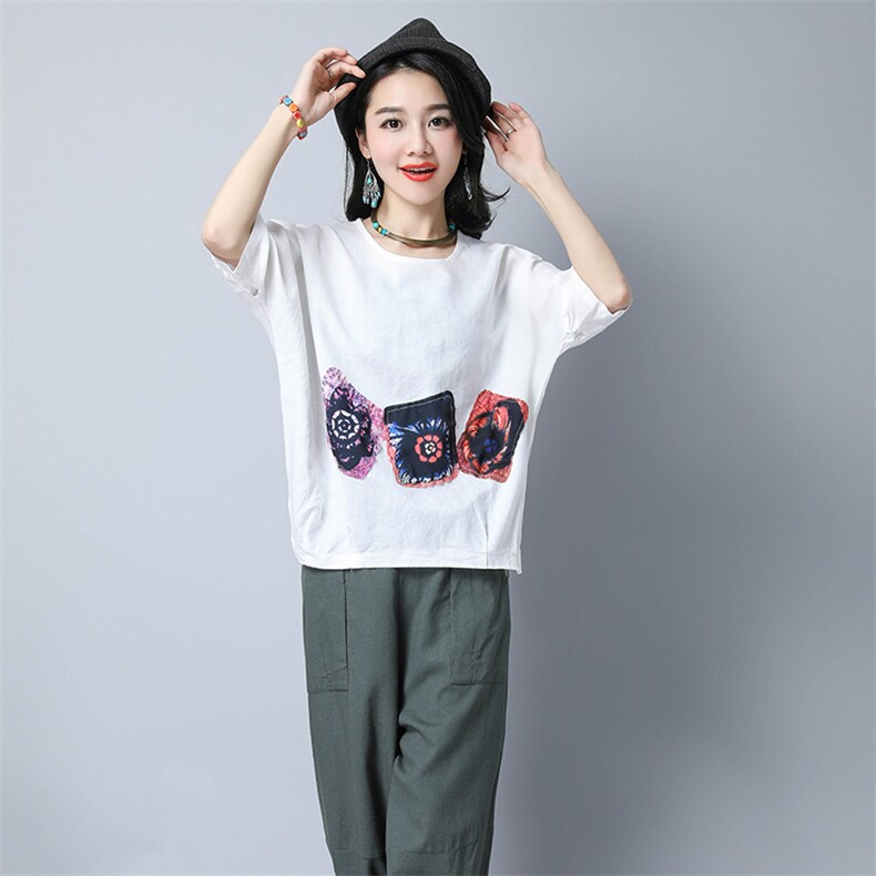 圆领T恤麻纽扣贴布2021年夏季文艺宽松五分袖韩版街头气质时尚,女装T恤,独衣靓